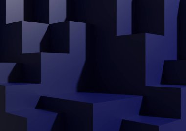 Asgari Koyu Donanma Mavi Arkaplan 3D Stüdyo Sahnesi Podyumlar ve Ürün Gösterimi Seviyeleri. Geometrik Yatay Mimari Duvar Kağıdı.