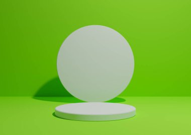 Parlak, neon yeşil, basit, bir silindir standı ya da ürün gösterimi ya da geometrik şekilli reklamlar için podyumu olan üç boyutlu, metin için alanı olan boş arkaplan çizimi.