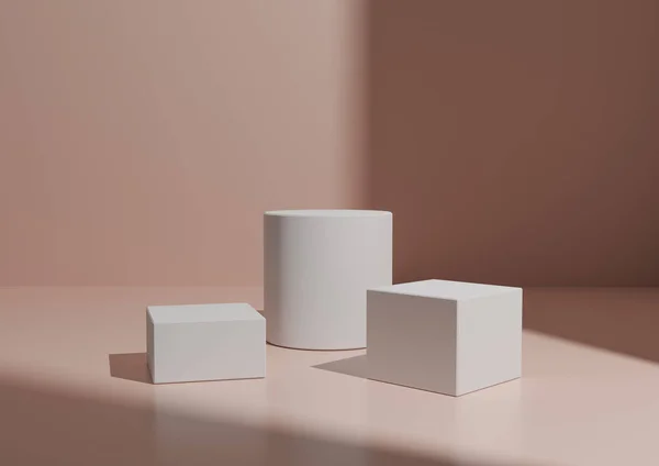 Basit Minimal Three White Podium ya da Stand Composition for Product Explay. Geometrik form 3D Renderleme Işığı, Pastel Pembe Arkaplan Pencere Işığı Sağ Taraftan.