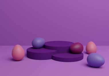 Paskalya temalı ürün podyumunun parlak mor, menekşe rengi 3D sunumu ya da renkli yumurtalarla en aza indirgenmiş kompozisyon, birden fazla ürün için basit