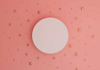 Parlak, neon, somon pembesi 3D sunum podyumu ya da altın ve altın bilyeli düz kompozisyonu görmek için minimumda durmak yukarıdan basit bir arkaplan düşüşü