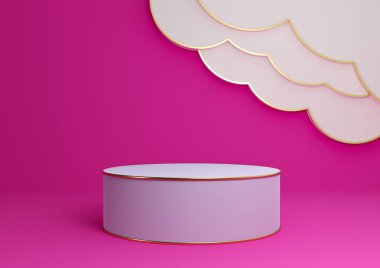 Parlak morumsu, neon pembe 3D ürün görüntüleme podyumu ya da soyut bulutlar ve altın çizgilerle ayakta durun. Minimum, basit kompozisyon arka plan silindiri.