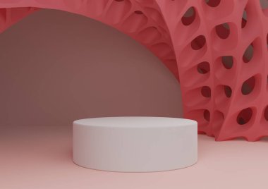 Pastel, açık kırmızı, somon pembe 3D ürün görüntüleme silindir standı veya podyum ve fütüristik soyut geometrik şekiller modern arkaplan şablonu