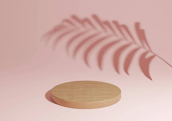 Pastel, açık kırmızı, somon pembesi basit 3 boyutlu doğal ürün bileşimini tek tahta podyumla hazırlar ya da arka planda palmiye yaprağı gölgesi ile ayakta dururlar.