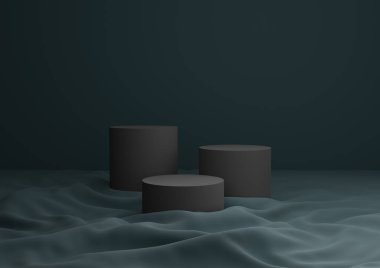 Üç Podyumun Koyu Yeşil Kompozisyonu veya Standart Ürün Gösterimi Tarafsız, Basit, Asgari Arkaplan 3D