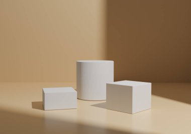 Basit Minimal Three White Podium ya da Stand Composition for Product Explay. Geometrik form 3B Pastel Renderleme Turuncu Arkaplan Pencere Işığı Sağ Taraftan.