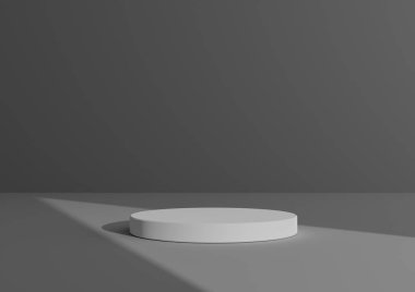 Basit, Bir Beyaz Silindir Podyumu ile Asgari 3D Hazırlama Kompozisyonu ya da Soyut Koyu Gri Arkaplan Üzerinde Dur Ürün Görünümü için Işık Üçgeni Üretimi
