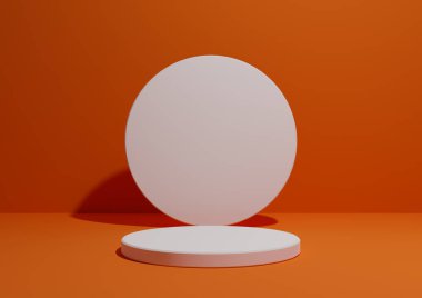 Neon turuncu, parlak kırmızı, basit, bir silindir standı veya geometrik şekilli reklam için podyumu olan üç boyutlu, metin için alanı olan boş bir arkaplan..