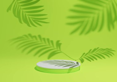 Parlak, kireç, neon yeşili, basit, minimal ürün kompozisyon arkaplanının 3 boyutlu canlandırması ont podyum veya stand ve doğa ürünleri için arka planda yaprak gölgeleri.