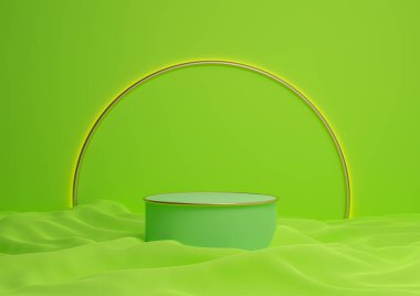 Parlak, neon yeşil 3D gösterişli ürün podyumu ya da arka planda altın kemer çizgisi ve açık renkli minimum kompozisyon