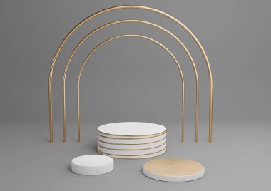 Koyu grafit gri, siyah ve beyaz 3D basit ürün görüntüleme silindiri podyumları lüks altın kemer ve üçüncü satırlar asgari arkaplan özeti içerir