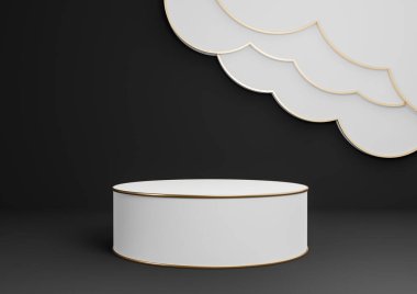 Siyah, koyu gri, siyah ve beyaz 3D ürün görüntüleme podyumu ya da soyut bulutlar ve altın çizgilerle ayakta durun lüks, minimal, basit kompozisyon arka plan silindir platformu