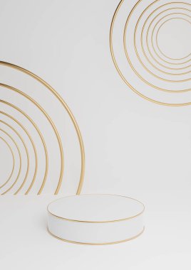 Beyaz, açık gri, siyah ve beyaz 3D minimal ürün görüntüleme lüks silindir podyum veya ürün arkaplan soyut bileşimi altın çizgiler ve daireler