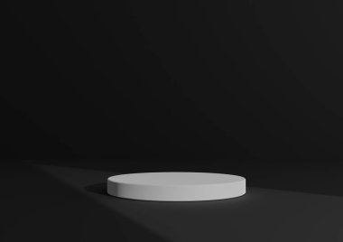 Basit, Bir Beyaz Silindir Podyumu ile Asgari 3D Hazırlama Kompozisyonu veya Soyut Gölge Siyah veya Koyu Gri Arkaplanı Ürün Üçgeni Işık Gösterme için Duruş