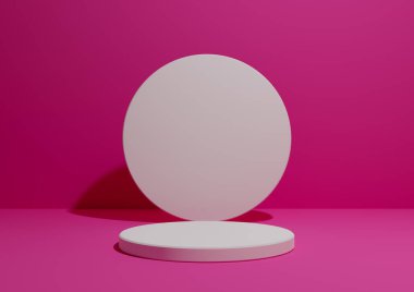 Parlak morumsu, neon pembesi, basit ve minimal bir kompozisyonun tek silindir duruşu ya da ürün gösterimi ya da geometrik şekilli reklamcılık için podyumu, metin için boş arkaplan.