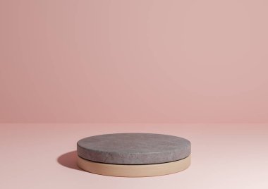 Pastel, açık kırmızı, somon pembesi 3D basit ürün görüntüsü, doğal minimum arkaplan, betondan yapılmış silindir podyum standı ve doğa ürünleri için odun.