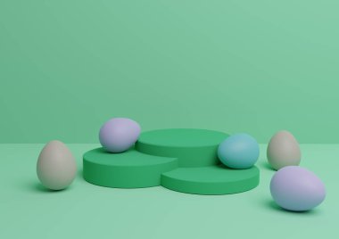 Paskalya temalı ürün podyumunun parlak turkuaz yeşil sunumu ya da renkli yumurtalarla en aza indirgenmiş, birden fazla ürün için basit bir kompozisyon