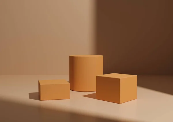 Basit Minimal Light, Pastel Orange Three Podium veya Stand Composition for Product Explay. Sağ Taraftan Pencere Işığı ile Geometrik form 3B Hazırlama Arkaplanı.