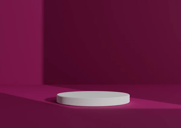 Basit, Bir Beyaz Silindir Podyumu ile Asgari 3D Hazırlama Kompozisyonu ya da Sağ Taraftan Gelen Pencere Işığını Göstermek için Soyut Gölge Magenta Arkaplanı Üzerinde Duruş