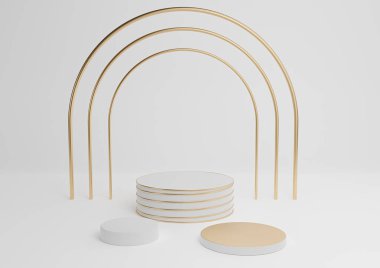 Beyaz, açık gri, siyah ve beyaz 3D basit ürün görüntüleme silindir podyumları lüks altın kemer ve satır üç en düşük özet kompozisyon