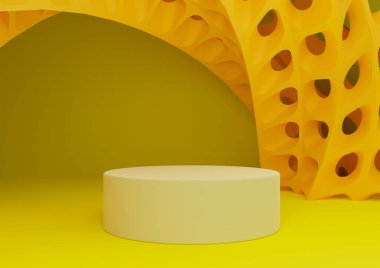 Parlak, neon sarısı 3D ürün görüntüsü silindir duruşu veya podyum ve fütüristik soyut geometrik şekiller modern arkaplan kompozisyonu minimal şablonu