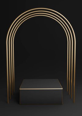Siyah, koyu gri, siyah ve beyaz 3D minimum ürün sergisi küp podyumu ya da lüks altın kemerler ve altın çizgilerle ayakta durun. Basit arkaplan özeti.