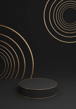Siyah, koyu gri, siyah ve beyaz 3D minimal ürün görüntüleme lüks silindir podyum veya ürün arkaplan soyut bileşimi altın çizgiler ve daireler