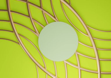 Parlak, kireç, neon yeşil, üç boyutlu sunum düz podyum silindiri, kozmetik ürünleri için altın çizgiler içeren lüks soyut kompozisyon, yukarıdan en düşük görünüm arkaplanı.