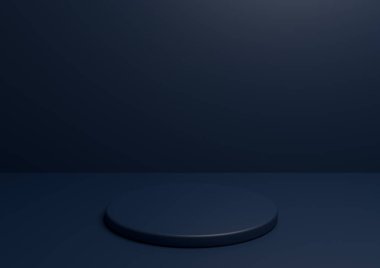 Ürün reklamcılığı ve pazarlama için tek renkli podyum. Geometrik şekilli ve yuvarlak ayaklı minimum koyu mavi 3D stüdyo kompozisyonu
