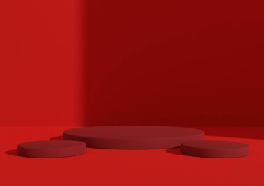 Üç podyum ya da stantlı 3 boyutlu ürün sunumu. Pencere ışığı sağ taraftan gelen basit, minimum parlak kırmızı kompozisyon. Kozmetik ürünler için iyi
