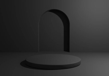 Ürün reklamcılığı ve pazarlama için tek renkli podyum. Geometrik şekilli ve yuvarlak ayaklı minimum koyu gri 3D stüdyo kompozisyonu