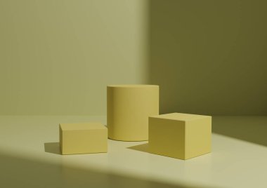 Basit Minimal Light, Pastel Sarı Üç Podyum ya da Standart Ürün Kompozisyonu. Sağ Taraftan Pencere Işığı ile Geometrik form 3B Hazırlama Arkaplanı.