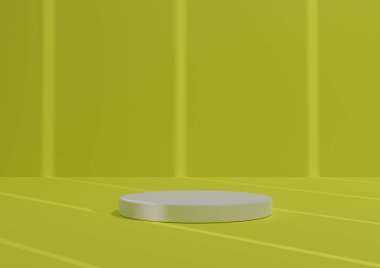 Basit, Bir Beyaz Silindir Podyumu ile Asgari 3D Hazırlama Kompozisyonu ya da Soyut Çizgili Gölge Parlaklığı, Neon Sarı Ürün Görünümü Arkaplanı.