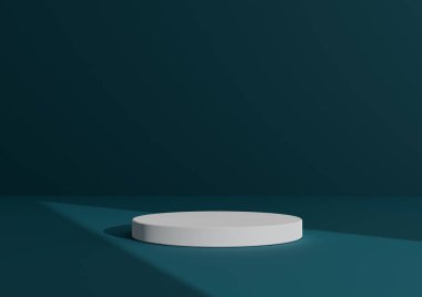Basit, Bir Beyaz Silindir Podyumu ile Asgari 3D Hazırlama Kompozisyonu ya da Ürün Gösterimi için Soyut Karanlık Teal Arkaplanı üzerinde durmak
