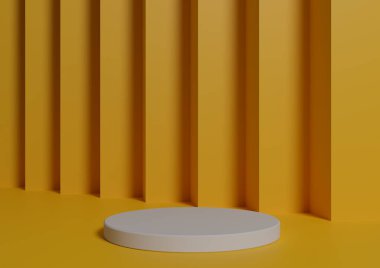 Basit, Bir Beyaz Silindir Podyumu ile Asgari 3D Hazırlama Kompozisyonu ya da Soyut Parlak Turuncu, Ürün Görünümü İçin Sıcak Sarı Arkaplan