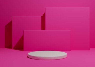 Parlak morumsu, neon pembesi, arka planda tek podyum veya ayakta duran ve geometrik kare şekilli basit, minimum ürün kompozisyon arkaplanının 3D görüntüsü.