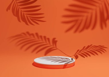 Neon turuncu, parlak kırmızı, basit, minimal ürün kompozisyon arkaplanının 3 boyutlu canlandırması ont podyum veya stand ve doğa ürünleri için arka planda yaprak gölgeleri.