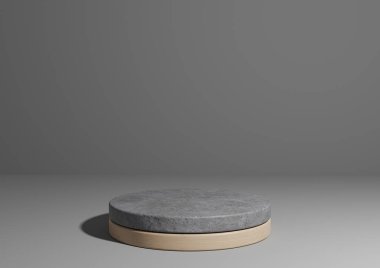 Koyu grafit gri, siyah ve beyaz 3D basit ürün görüntüleme, doğal minimum arkaplan, betondan ve ahşaptan yapılmış silindir podyum tezgahı doğa ürünleri için.