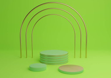 Parlak, neon yeşil 3D basit ürün görüntüleme silindir podyumları lüks altın kemer ve satır üç asgari arkaplan özeti