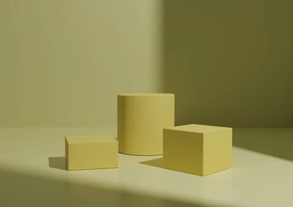 Basit Minimal Light, Pastel Sarı Üç Podyum ya da Standart Ürün Kompozisyonu. Sağ Taraftan Pencere Işığı ile Geometrik form 3B Hazırlama Arkaplanı.