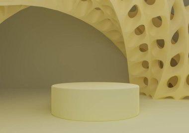 Pastel, ışık, narenciye sarısı 3D ürün görüntüsü silindir standı veya podyum ve fütüristik soyut şekiller modern arkaplan şablonu
