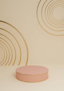Açık bej, pastel turuncu 3D minimal ürün görüntüleme lüks silindir podyum veya ürün arkaplan soyut bileşimi altın çizgiler ve daireler
