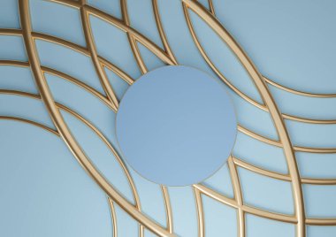 Parlak, açık mavi gökyüzü görüntüleme ürünü düz podyum silindiri duruş lüks soyut kompozisyon kozmetik ürünleri için altın çizgiler süslemeler yukarıdan en az görünüm arkaplan