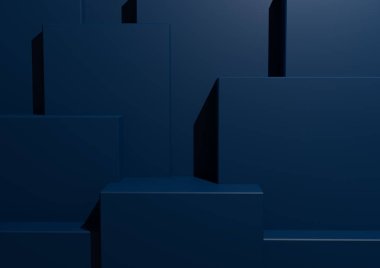 Asgari Koyu Donanma Mavi Arkaplan 3D Stüdyo Sahnesi Podyumlar ve Ürün Gösterimi Seviyeleri. Geometrik Yatay Mimari Duvar Kağıdı.