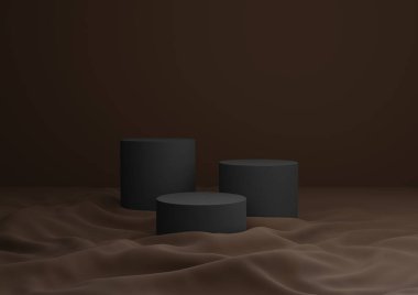 Koyu Gri ve Kahverengi Üç Podyumun veya Standart Ürün Gösterimi Tarafsız, Basit, Asgari Arkaplan 3D
