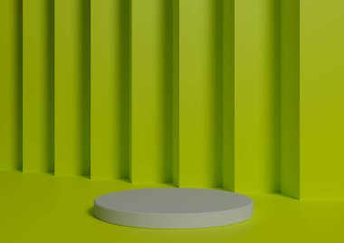 Basit, Bir Beyaz Silindir Podyumu ile Asgari 3D Hazırlama Kompozisyonu ya da Soyut Parlak Limon Yeşil Ürün Görünümü Arkaplanı
