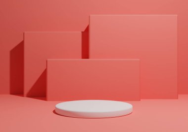 Parlak, neon, somon pembesi, arka planda tek podyumlu veya ayakta duran ve geometrik kare şekilli basit, minimum ürün kompozisyon arkaplanının 3D görüntüsü.