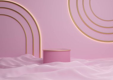 Hafif, pastel, lavanta pembesi 3D lüks ürün görüntüleme silindir podyumu ya da kemerli geometrik ışıklı en düşük kompozisyonda altın çizgilerle ayakta durun