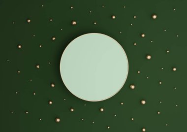 Koyu yeşil, 3D sunucu lüks ürün podyumu ya da altın ve altın misketlerle bezenmiş düz kompozisyonu görmek için minimumda durmak yukarıdan sade bir arka plan.