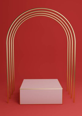 Parlak kestane rengi, koyu kırmızı 3D, en az ürün sergilenen küp kürsü ya da lüks altın kemerler ve altın çizgilerle ayakta durun. Basit arkaplan özeti.